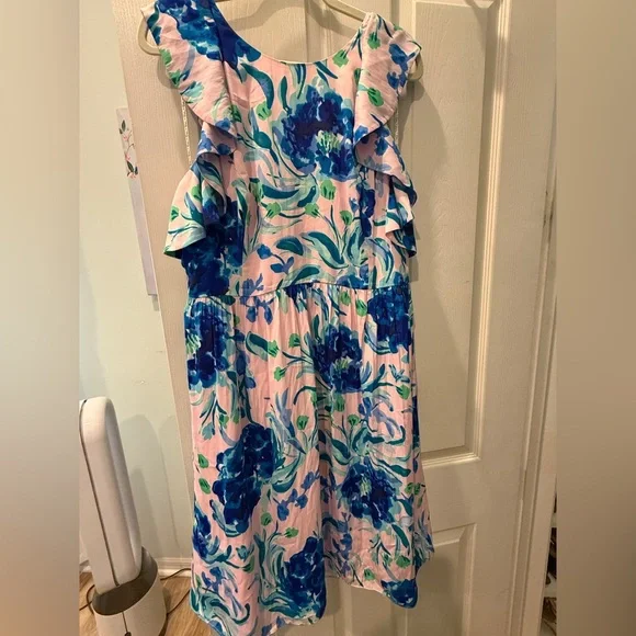 Lilly Pulitzer Pink Midi Dress with Blue Floral and Green Leaves - Picture 1 of 4